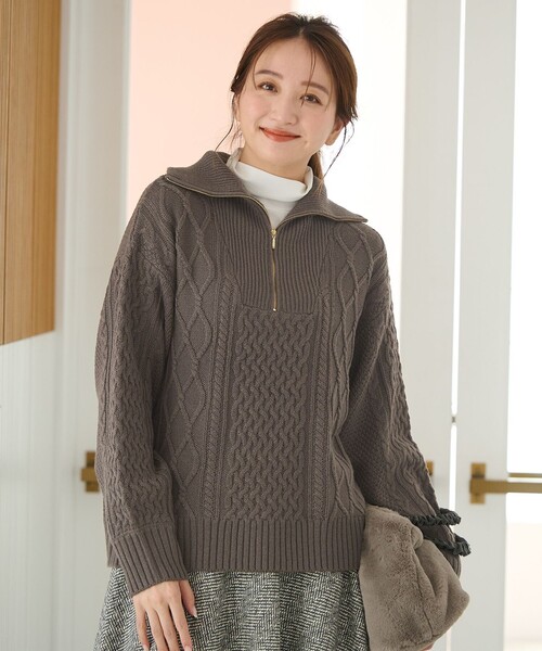 セール】ソフトアクリルハーフジップケーブルニット（ニット/セーター