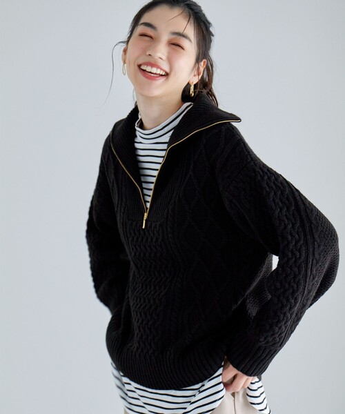 セール】ソフトアクリルハーフジップケーブルニット（ニット/セーター