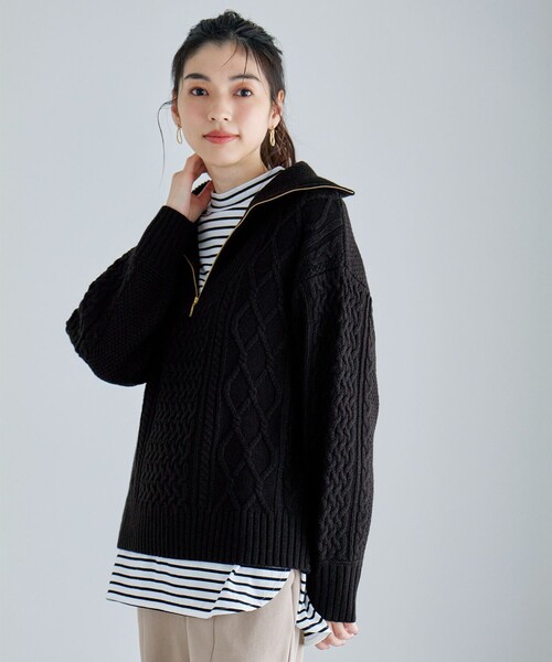 セール】ソフトアクリルハーフジップケーブルニット（ニット/セーター