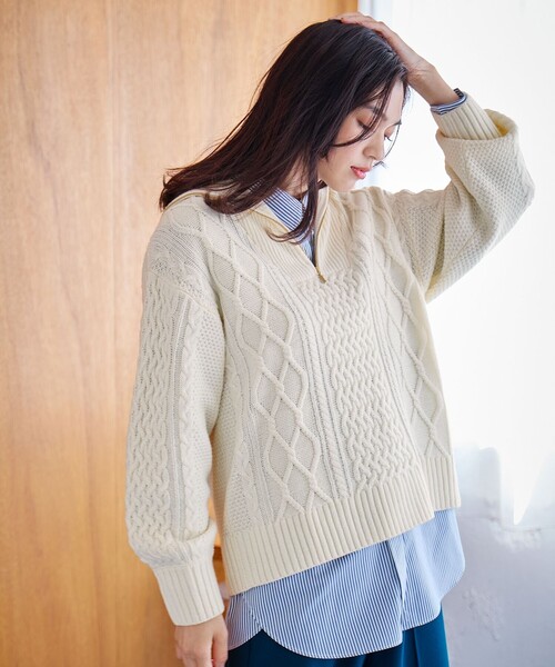 セール】ソフトアクリルハーフジップケーブルニット（ニット/セーター