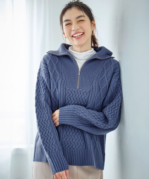 セール】ソフトアクリルハーフジップケーブルニット（ニット/セーター