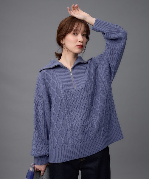 セール】ソフトアクリルハーフジップケーブルニット（ニット/セーター