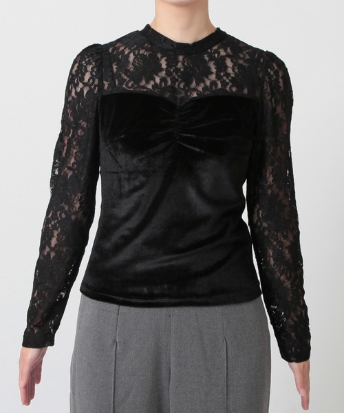 Julia Boutique（ジュリアブティック）の「レース切替ベロアトップス/23538（Tシャツ/カットソー・レディース・ブラック・ONE）」の2枚目の写真