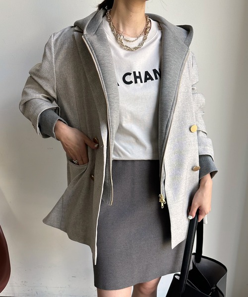 DouDou（ドゥドゥ）の「シャークスキンダブルジャケット（テーラードジャケット・レディース・ライトグレー/チャコールグレー・FREE）」の19枚目の写真