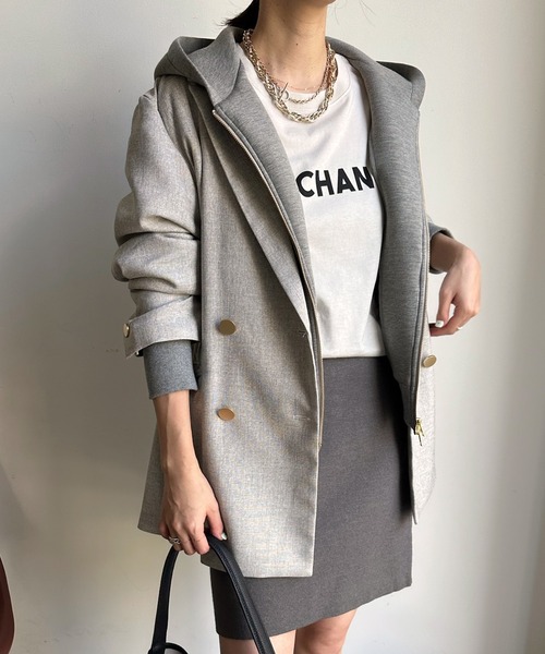 DouDou（ドゥドゥ）の「シャークスキンダブルジャケット（テーラードジャケット・レディース・ライトグレー/チャコールグレー・FREE）」の20枚目の写真