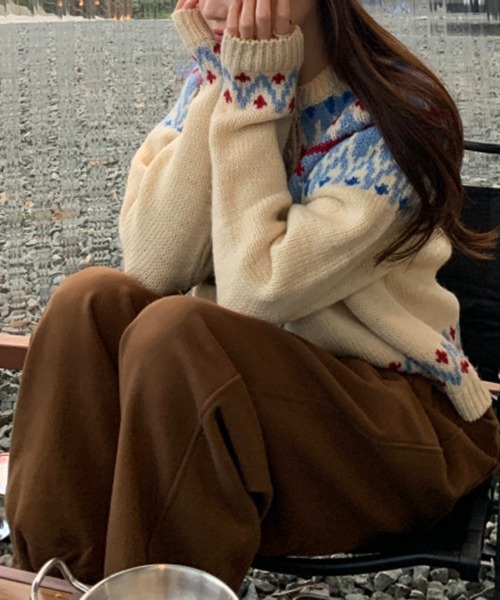 45R ジャガード ガウン ロングニットコート　ノルディック柄　ウール100% 45R ジャガード ガウン ロングニットコート ノルディック柄 ウール100