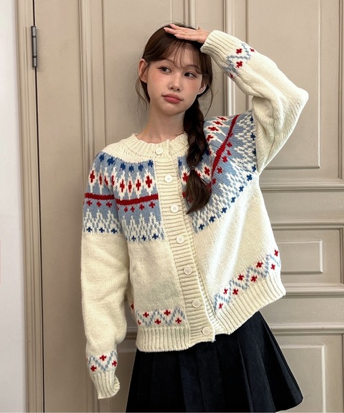 depound 冬の風景柄 ニットカーディガン フリーサイズ ELFRANK カーディガン 「2025AW」Vネック ジャガード ニット