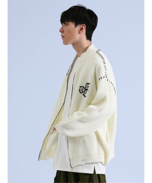 semantic design（セマンティックデザイン）の「【オーバーサイズ】セマンティックデザイン ダメージ ドライバースニットアウター（カーディガン/ボレロ・メンズ・ブラック/ホワイト・MEDIUM/LARGE）」の3枚目の写真
