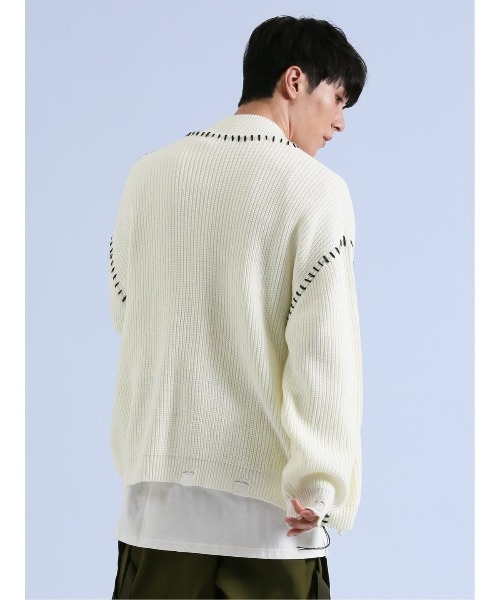 semantic design（セマンティックデザイン）の「【オーバーサイズ】セマンティックデザイン ダメージ ドライバースニットアウター（カーディガン/ボレロ・メンズ・ブラック/ホワイト・MEDIUM/LARGE）」の4枚目の写真