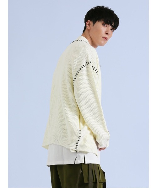 semantic design（セマンティックデザイン）の「【オーバーサイズ】セマンティックデザイン ダメージ ドライバースニットアウター（カーディガン/ボレロ・メンズ・ブラック/ホワイト・MEDIUM/LARGE）」の5枚目の写真