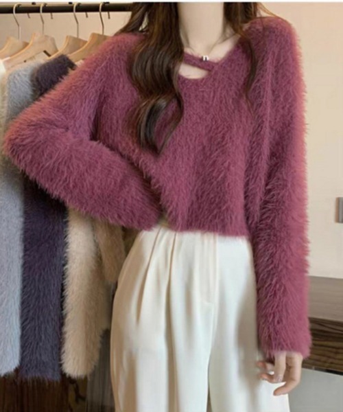 おしゃれスタ(オシャレスタ)の「フロントクロスシャギーオーバーニット(ニット/セーター・レディース・グレー/ブラック/アイボリー/ホワイト/ピンク/パープル・FREE)」の6枚目の写真