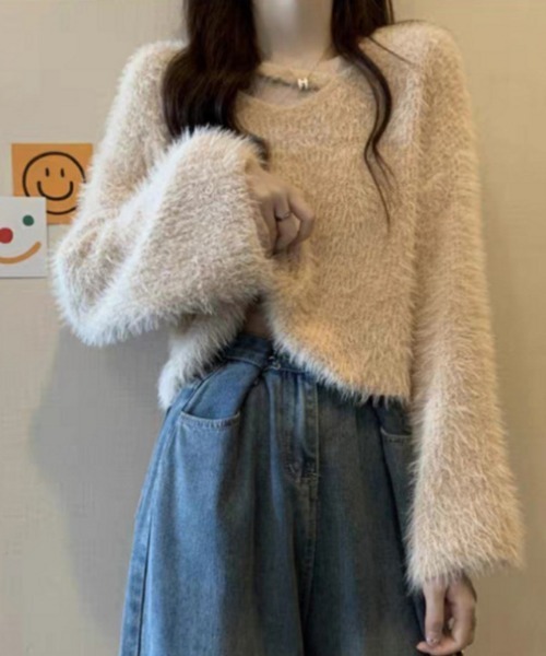おしゃれスタ(オシャレスタ)の「フロントクロスシャギーオーバーニット(ニット/セーター・レディース・グレー/ブラック/アイボリー/ホワイト/ピンク/パープル・FREE)」の1枚目の写真