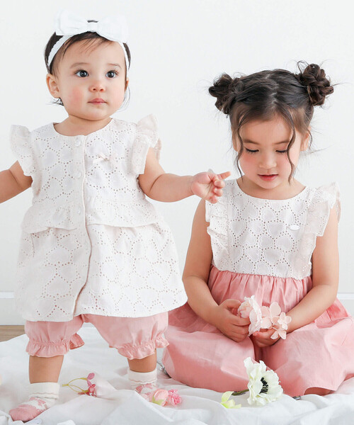 SLAP SLIP BABY(スラップスリップベビー)の「【お揃い】肩フリルハートレース生地ワンピース+ブルマセットアップベビー(70~80cm)(ワンピース・キッズ・ピンク/ホワイト・FREE)」の6枚目の写真