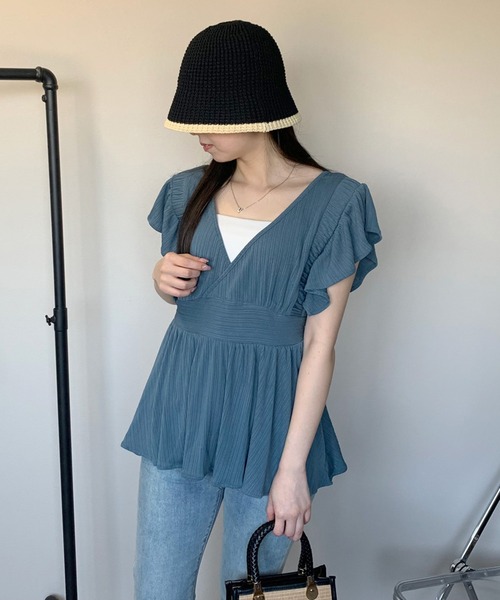 セール】両Vネック袖フリルペプラムチュニック（Tシャツ