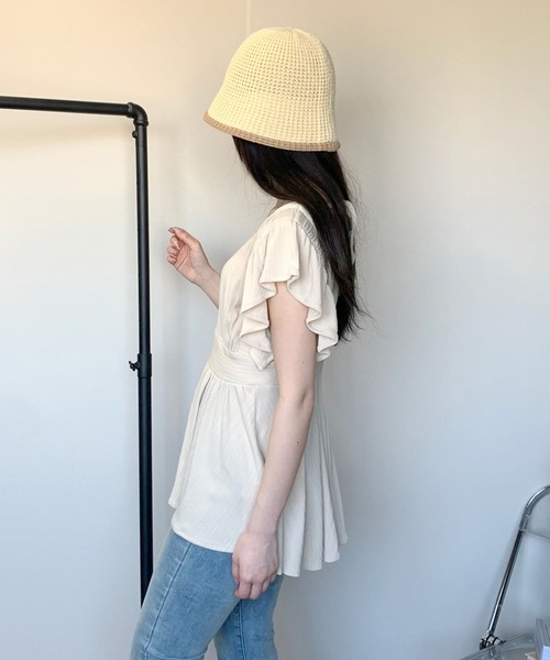 セール】両Vネック袖フリルペプラムチュニック（Tシャツ