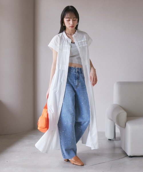 VIS（ビス）の「【洗える】フレンチスリーブロングシャツワンピース（ワンピース・レディース・ピンク/ホワイト/ブルー/ブラック・FREE）」の13枚目の写真