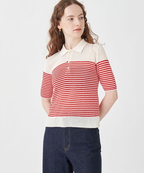 MACPHEE マカフィー 半袖ニット 23AW サンプル品 ニット  サイズ:S  マルチカラー  レディース  トップス MACPHEE（マカフィー）の「コットンナイロンラメボーダー ポロ