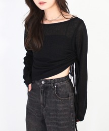 Reurie' | 【ZOZO限定】サイドシャーリングシアーニット／side shirring sheer knit 長袖 ロング丈 クルーネック リボン サマーニット ドロスト ドローストリング ローゲージ ざっくり編み 裾絞り カジュアル ストリート Y2K 韓国 ヴィンテージ ブラック グレー 黒 モノトーン(ニット/セーター)