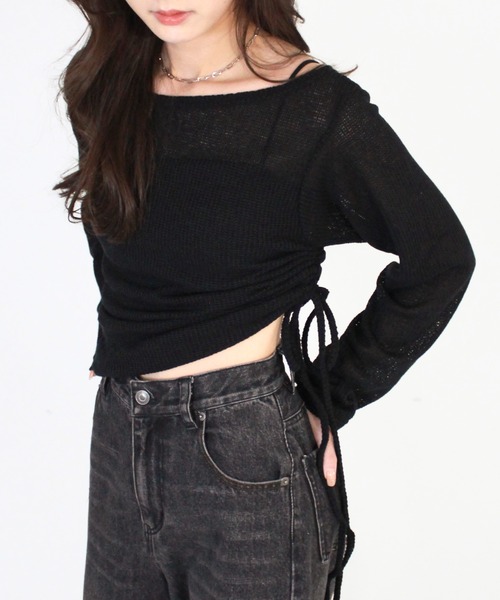 Reurie'（レウリィ）の「【ZOZO限定】サイドシャーリングシアーニット／side shirring sheer knit 長袖 ロング丈 クルーネック リボン サマーニット ドロスト ドローストリング ローゲージ ざっくり編み 裾絞り カジュアル ストリート Y2K 韓国 ヴィンテージ ブラック グレー 黒 モノトーン（ニット/セーター・レディース・グレー/ブラック・FREE）」の14枚目の写真