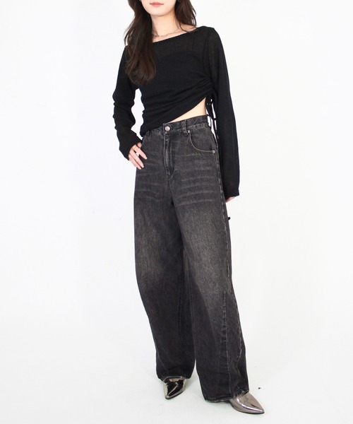Reurie'（レウリィ）の「【ZOZO限定】サイドシャーリングシアーニット／side shirring sheer knit 長袖 ロング丈 クルーネック リボン サマーニット ドロスト ドローストリング ローゲージ ざっくり編み 裾絞り カジュアル ストリート Y2K 韓国 ヴィンテージ ブラック グレー 黒 モノトーン（ニット/セーター・レディース・グレー/ブラック・FREE）」の8枚目の写真