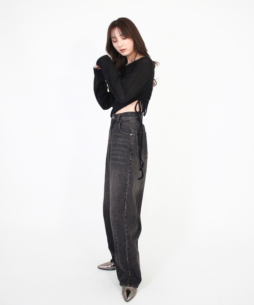 Reurie'（レウリィ）の「【ZOZO限定】サイドシャーリングシアーニット／side shirring sheer knit 長袖 ロング丈 クルーネック リボン サマーニット ドロスト ドローストリング ローゲージ ざっくり編み 裾絞り カジュアル ストリート Y2K 韓国 ヴィンテージ ブラック グレー 黒 モノトーン（ニット/セーター・レディース・グレー/ブラック・FREE）」の9枚目の写真