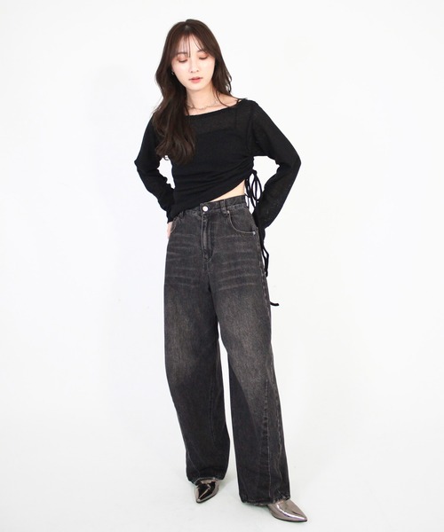 Reurie'（レウリィ）の「【ZOZO限定】サイドシャーリングシアーニット／side shirring sheer knit 長袖 ロング丈 クルーネック リボン サマーニット ドロスト ドローストリング ローゲージ ざっくり編み 裾絞り カジュアル ストリート Y2K 韓国 ヴィンテージ ブラック グレー 黒 モノトーン（ニット/セーター・レディース・グレー/ブラック・FREE）」の11枚目の写真