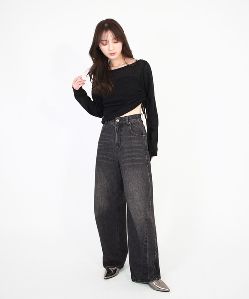 Reurie'（レウリィ）の「【ZOZO限定】サイドシャーリングシアーニット／side shirring sheer knit 長袖 ロング丈 クルーネック リボン サマーニット ドロスト ドローストリング ローゲージ ざっくり編み 裾絞り カジュアル ストリート Y2K 韓国 ヴィンテージ ブラック グレー 黒 モノトーン（ニット/セーター・レディース・グレー/ブラック・FREE）」の12枚目の写真