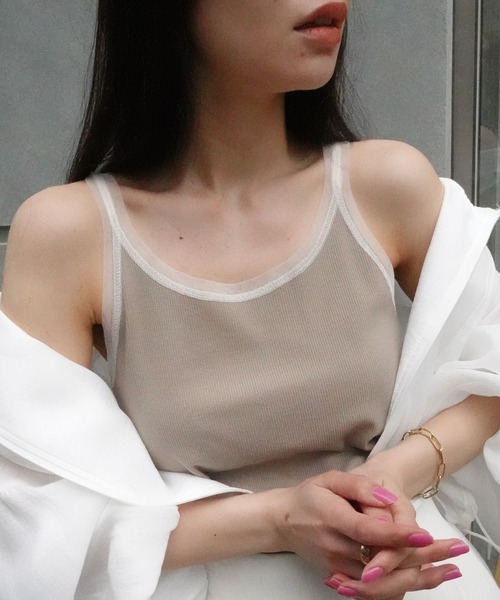 CORNERS（コーナーズ）の「チュールトリムリブタンク（タンクトップ・レディース・オフホワイト/ブラック/グレイッシュベージュ・M）」の7枚目の写真