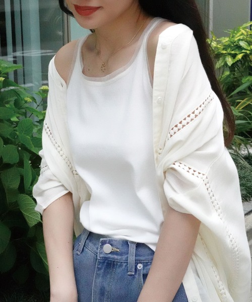 CORNERS（コーナーズ）の「チュールトリムリブタンク（タンクトップ・レディース・オフホワイト/ブラック/グレイッシュベージュ・M）」の19枚目の写真