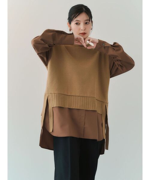 Editt by YECCA VECCA（エディットバイイェッカヴェッカ）の「シャツレイヤードデザインニット（ニット/セーター・レディース・ネイビー/ベージュ・FREE）」の3枚目の写真