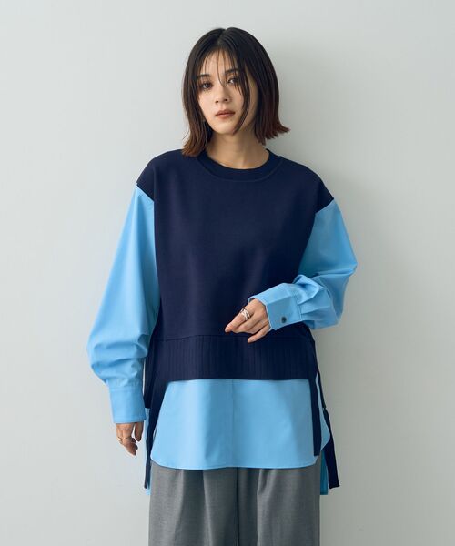 Editt by YECCA VECCA（エディットバイイェッカヴェッカ）の「シャツレイヤードデザインニット（ニット/セーター・レディース・ネイビー/ベージュ・FREE）」の17枚目の写真