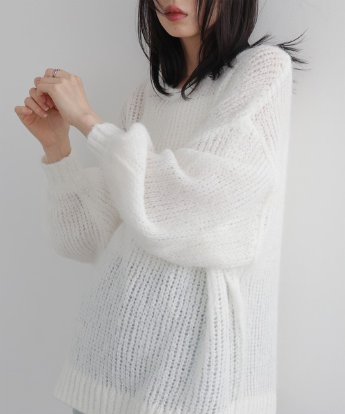りんりん　ニットホワイト セール】モヘアタッチシアーニットプルオーバー（ニット/セーター