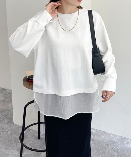 fredy emue(フレディエミュ)の「シアー切替ポンチプルオーバー(Tシャツ/カットソー・レディース・グレイッシュベージュ/オフホワイト/ブラック・38)」の2枚目の写真
