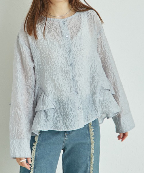 pairmanon(ペアマノン)の「【リンクコーデ】【ママサイズ】シアージャガード サイドフリルブラウス(シャツ/ブラウス・レディース・ブラック/グレー/ホワイト・FREE)」の3枚目の写真