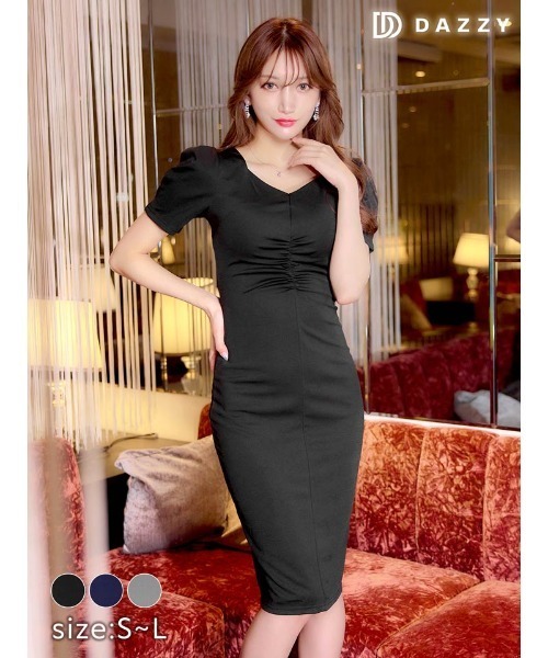 ワンカラー ギャザーVネック 半袖タイト膝丈ドレス（ドレス）｜DAZZY
