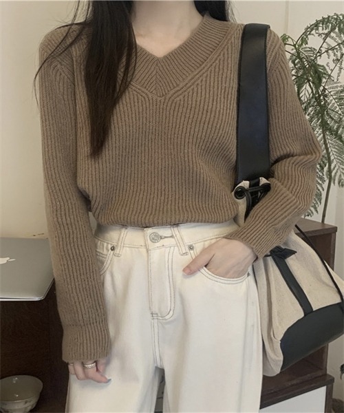 FREE STYLISTS(フリー スタイリスト)の「Vネックニット プルオーバー(ニット/セーター・レディース・ホワイト/チャコールグレー/グレー/モカ・FREE)」の4枚目の写真