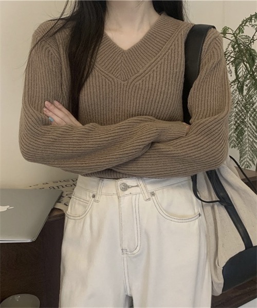 FREE STYLISTS(フリー スタイリスト)の「Vネックニット プルオーバー(ニット/セーター・レディース・ホワイト/チャコールグレー/グレー/モカ・FREE)」の16枚目の写真