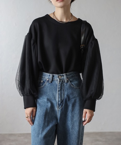 Bonjour Sagan(ボンジュールサガン)の「チュールスリーブダンボールプルオーバー(Tシャツ/カットソー・レディース・ブラック/オフホワイト・FREE)」の1枚目の写真