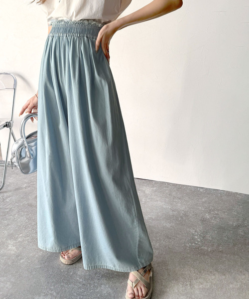 classicalelf（クラシカルエルフ）の「こなれカジュアルの決定版♪綿100％ライトオンスデニム素材ウエストフリンジワイドイージーパンツ（デニムパンツ・レディース・ブラック/サックスブルー/インディゴブルー・LARGE/MEDIUM/SMALL/X-LARGE）」の9枚目の写真