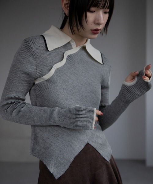 VACANCY(ヴァカンシー)の「チャイナクロスポロリブニット/新色追加(ニット/セーター・レディース・ブルー/オレンジ/ブラック/グリーン/ホワイト・FREE)」の2枚目の写真