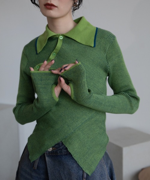 VACANCY(ヴァカンシー)の「チャイナクロスポロリブニット/新色追加(ニット/セーター・レディース・ブルー/オレンジ/ブラック/グリーン/ホワイト・FREE)」の3枚目の写真