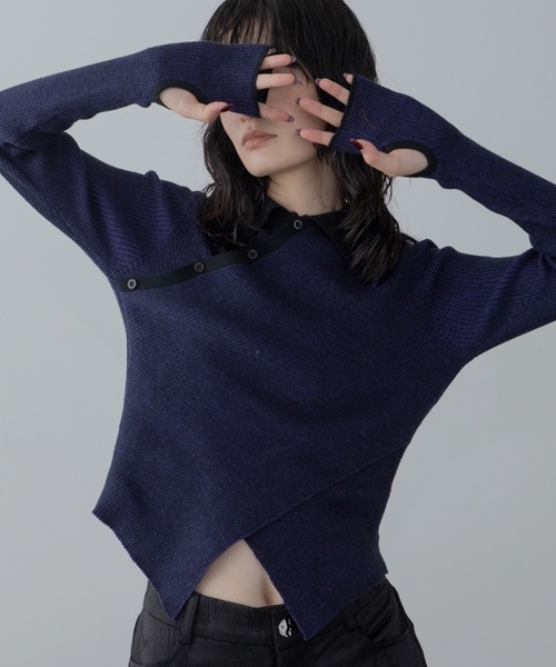 VACANCY(ヴァカンシー)の「チャイナクロスポロリブニット/新色追加(ニット/セーター・レディース・ブルー/オレンジ/ブラック/グリーン/ホワイト・FREE)」の1枚目の写真