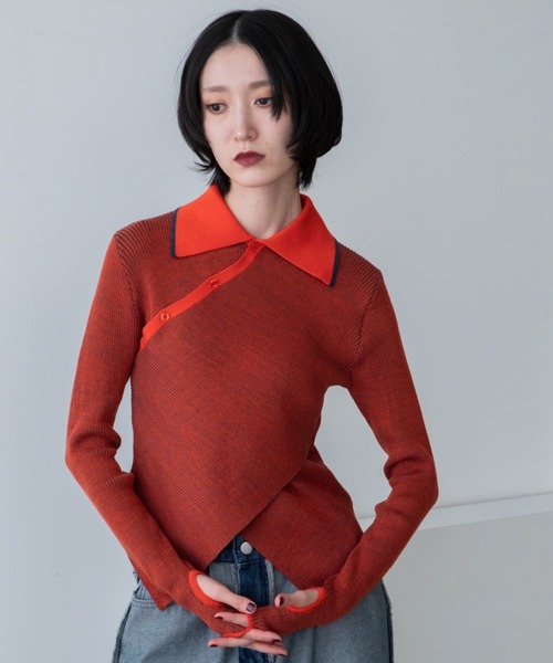 VACANCY(ヴァカンシー)の「チャイナクロスポロリブニット/新色追加(ニット/セーター・レディース・ブルー/オレンジ/ブラック/グリーン/ホワイト・FREE)」の20枚目の写真