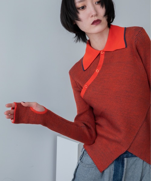 VACANCY(ヴァカンシー)の「チャイナクロスポロリブニット/新色追加(ニット/セーター・レディース・ブルー/オレンジ/ブラック/グリーン/ホワイト・FREE)」の22枚目の写真