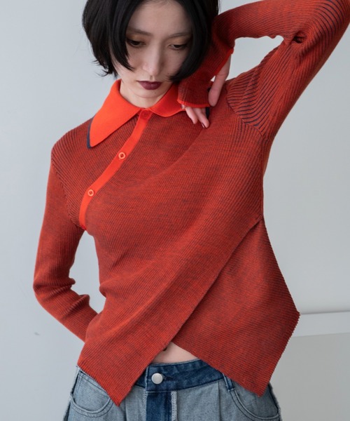 VACANCY(ヴァカンシー)の「チャイナクロスポロリブニット/新色追加(ニット/セーター・レディース・ブルー/オレンジ/ブラック/グリーン/ホワイト・FREE)」の21枚目の写真