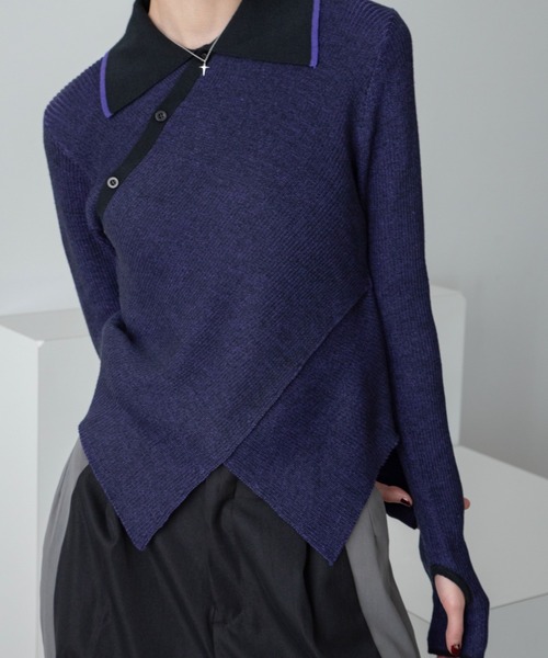 VACANCY(ヴァカンシー)の「チャイナクロスポロリブニット/新色追加(ニット/セーター・レディース・ブルー/オレンジ/ブラック/グリーン/ホワイト・FREE)」の10枚目の写真