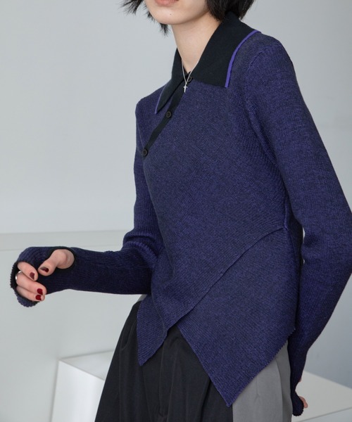 VACANCY(ヴァカンシー)の「チャイナクロスポロリブニット/新色追加(ニット/セーター・レディース・ブルー/オレンジ/ブラック/グリーン/ホワイト・FREE)」の11枚目の写真