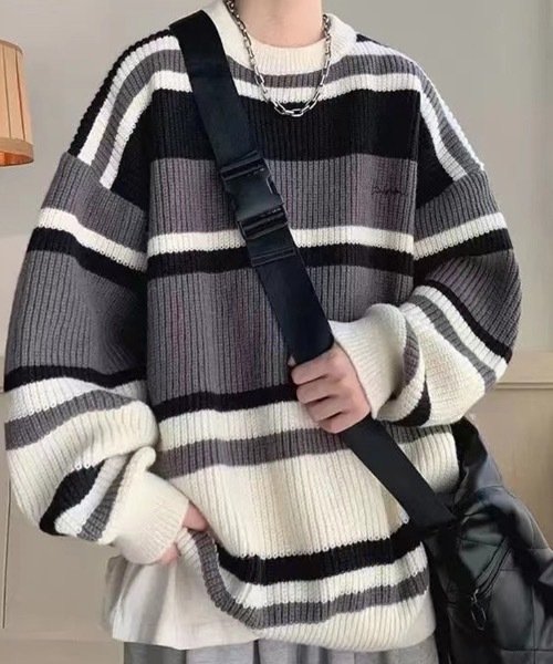 link lot(リンクロット)の「オーバーサイズ ルーズシルエット マルチボーダー ニットセーター(ニット/セーター・メンズ・ブラック/ブラウン・M/L)」の4枚目の写真