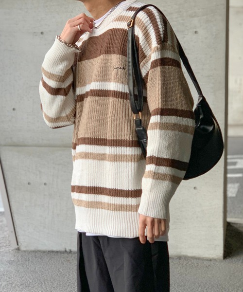 link lot(リンクロット)の「オーバーサイズ ルーズシルエット マルチボーダー ニットセーター(ニット/セーター・メンズ・ブラック/ブラウン・M/L)」の9枚目の写真