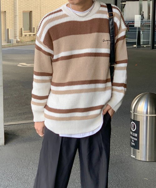 link lot(リンクロット)の「オーバーサイズ ルーズシルエット マルチボーダー ニットセーター(ニット/セーター・メンズ・ブラック/ブラウン・M/L)」の5枚目の写真